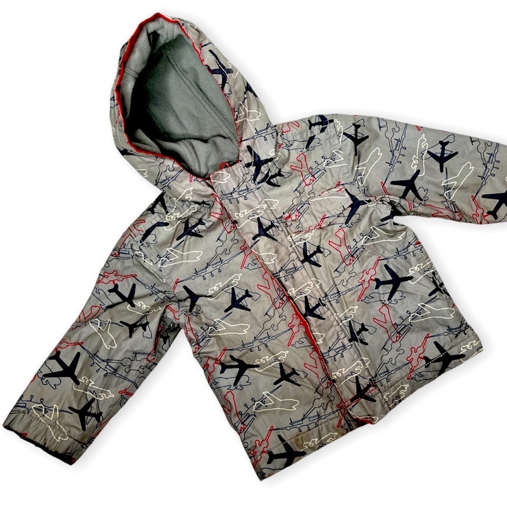 Old Navy Airplane Toddler Fleece Lined Raincoat Gray Red Zip Front Hoodie 2T